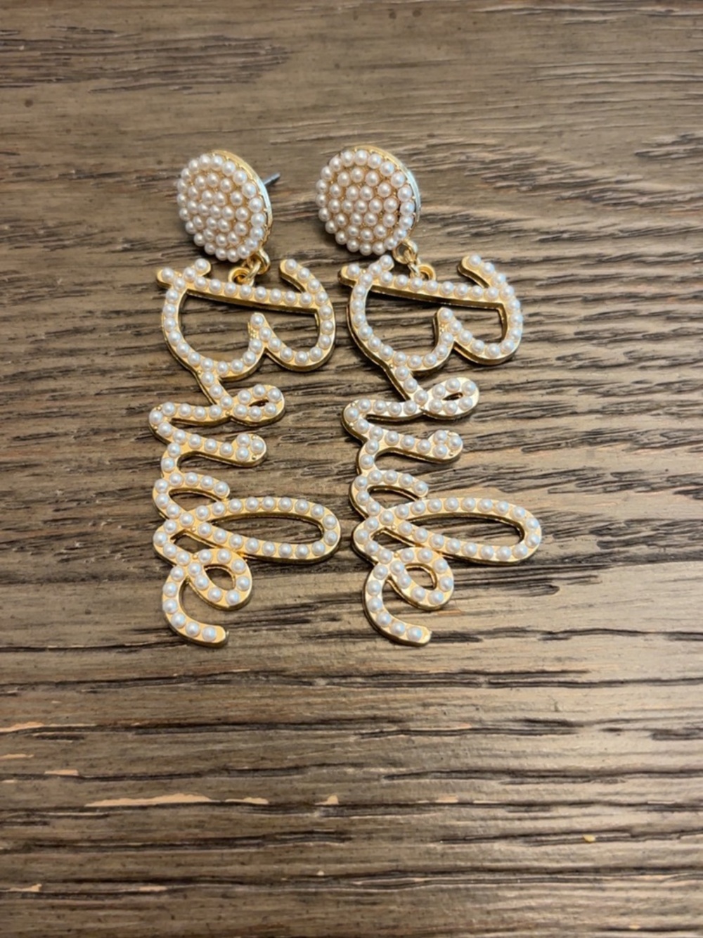 Gold Pearl 'Bride' Script Drop Earrings